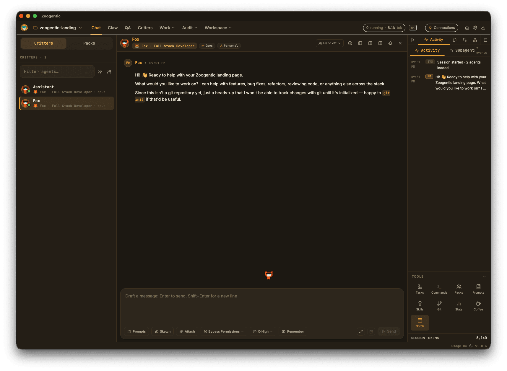 Zoogentic agent chat with a live activity feed, tools rail, and subagents panel