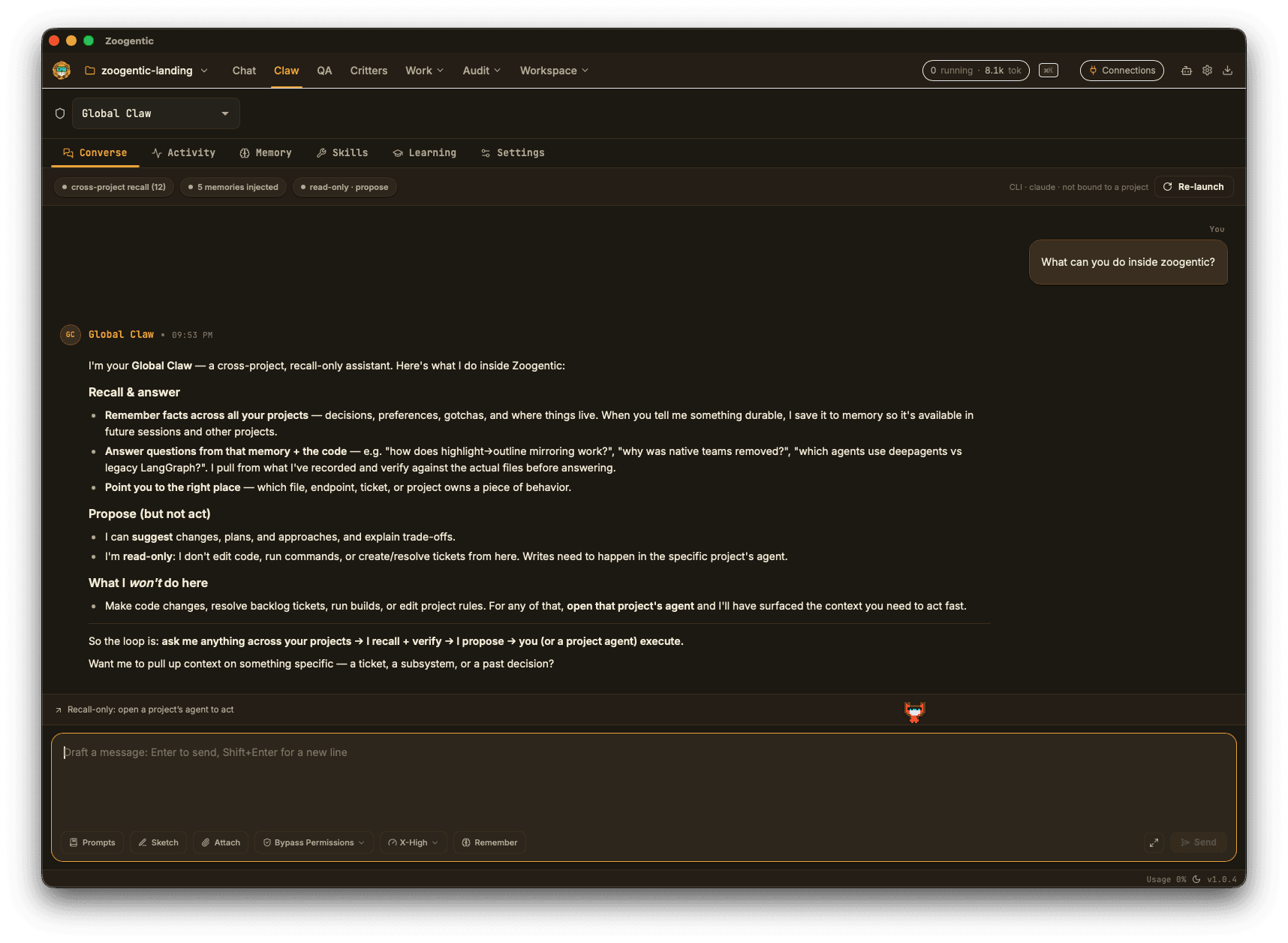 The Global Claw guardian explaining its cross-project recall and read-only-propose mode