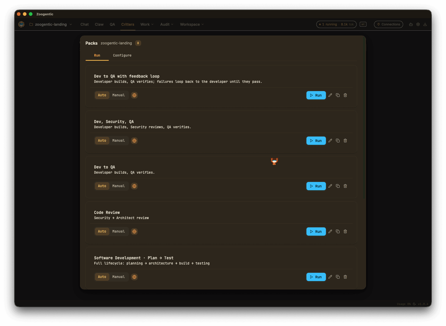 Zoogentic Packs: multi-agent pipelines like Dev to QA with a feedback loop