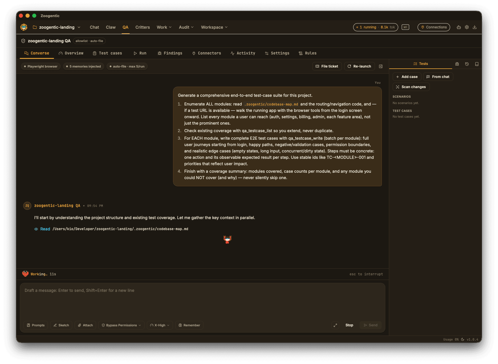 Zoogentic QA guardian exercising the app in an embedded browser