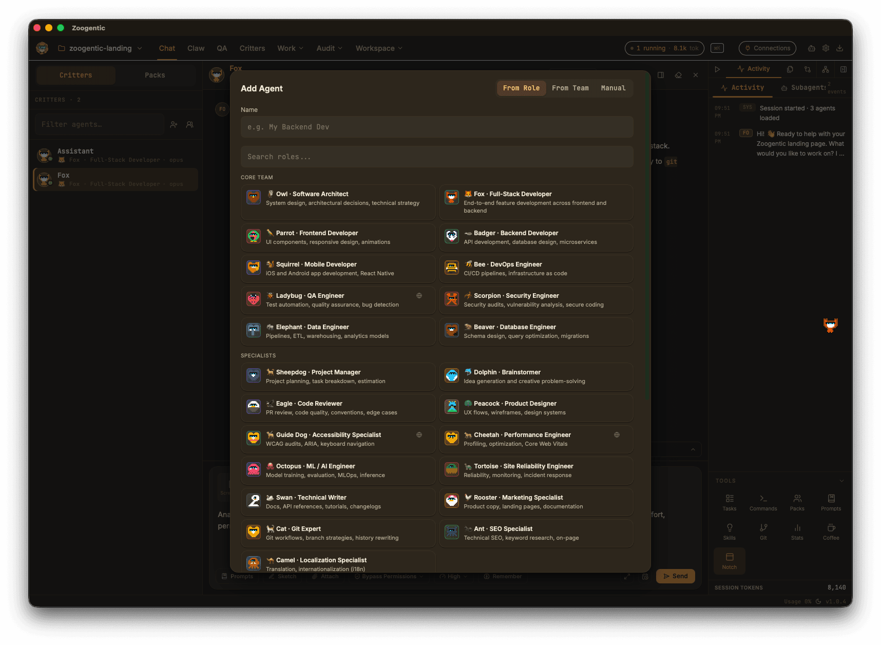 The role picker showing the core team and specialist roles an agent can take on
